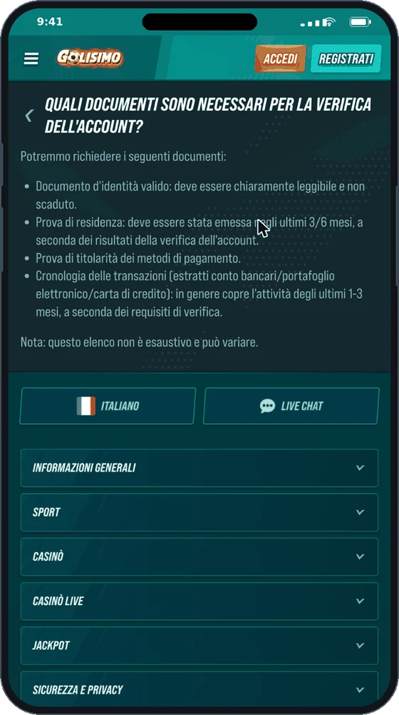 Documenti richiesti per la verifica del conto Golisimo: identità, residenza e metodo di pagamento