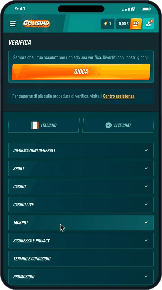 Verifica del conto Golisimo con lo stato dei documenti caricati